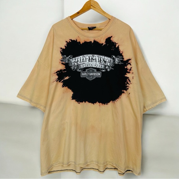 Harley Davidson Upcycled Bleach Dyed Oversized Boxy Short Sleeve Graphic T Shirt - Picture 1 of 10